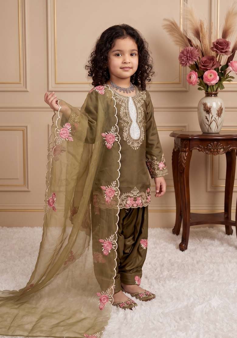 Mehendi Green Embroidered Crepe Salwar Suits For Girls - Indya