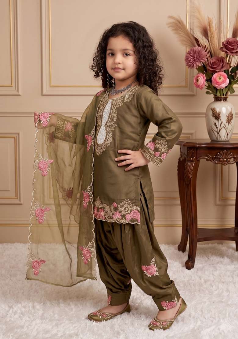 Mehendi Green Embroidered Crepe Salwar Suits For Girls - Indya