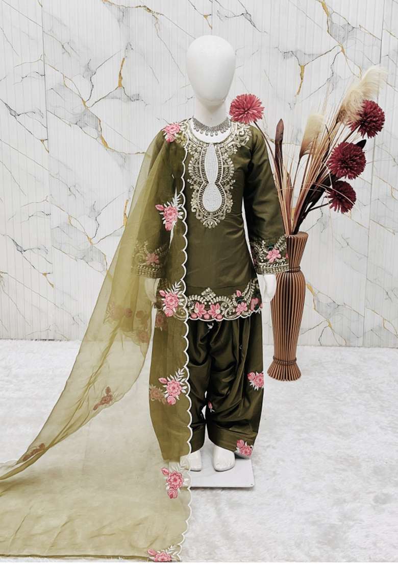 Mehendi Green Embroidered Crepe Salwar Suits For Girls - Indya