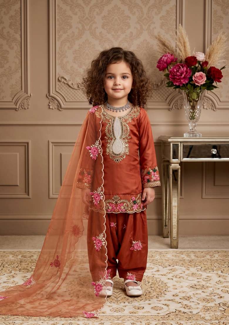 Orange Embroidered Crepe Salwar Suits For Girls - Indya