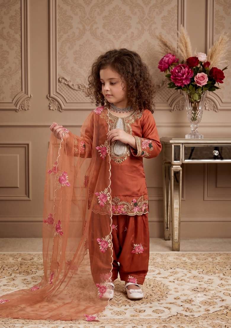 Orange Embroidered Crepe Salwar Suits For Girls - Indya