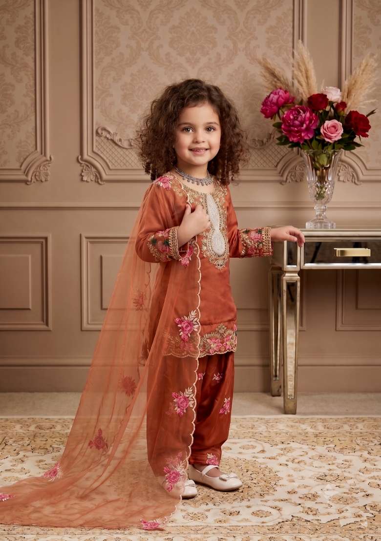Orange Embroidered Crepe Salwar Suits For Girls - Indya