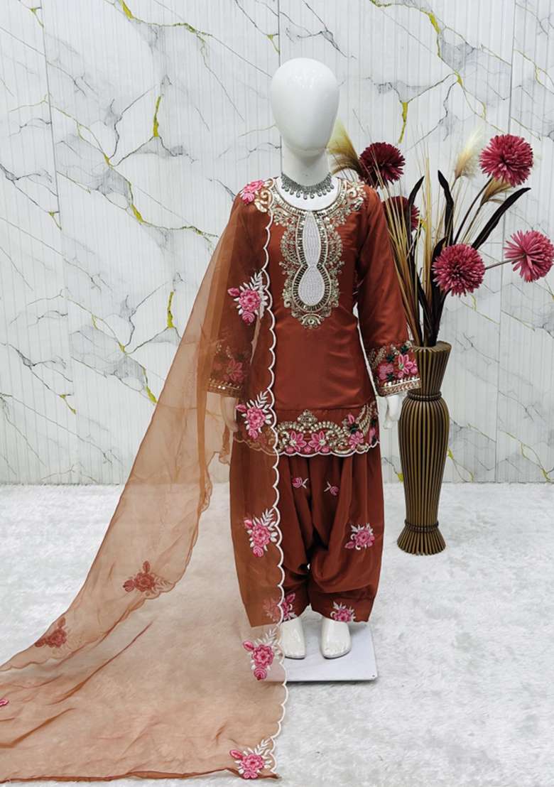Orange Embroidered Crepe Salwar Suits For Girls - Indya