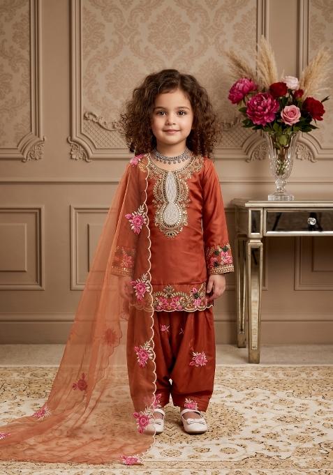 Orange Embroidered Crepe Salwar Suits For Girls