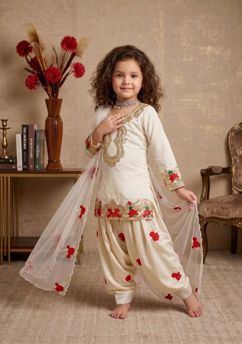 White Embroidered Crepe Salwar Suits For Girls - Indya