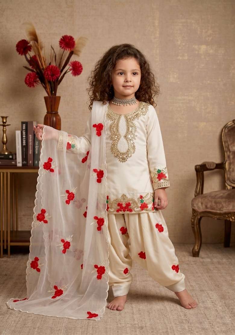 White Embroidered Crepe Salwar Suits For Girls - Indya