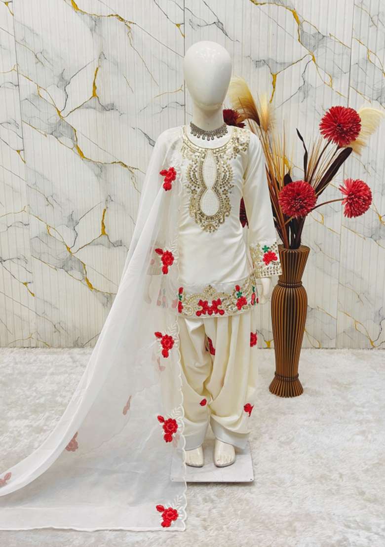 White Embroidered Crepe Salwar Suits For Girls - Indya