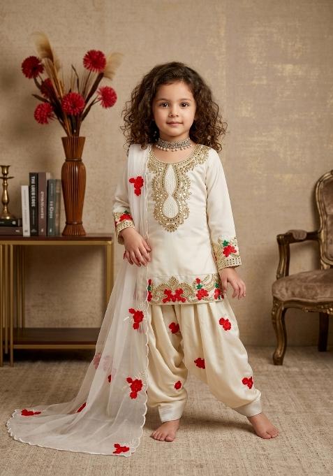 White Embroidered Crepe Salwar Suits For Girls