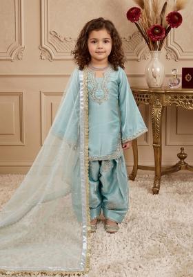 Sky Blue Embroidered Silk Salwar Suits For Girls