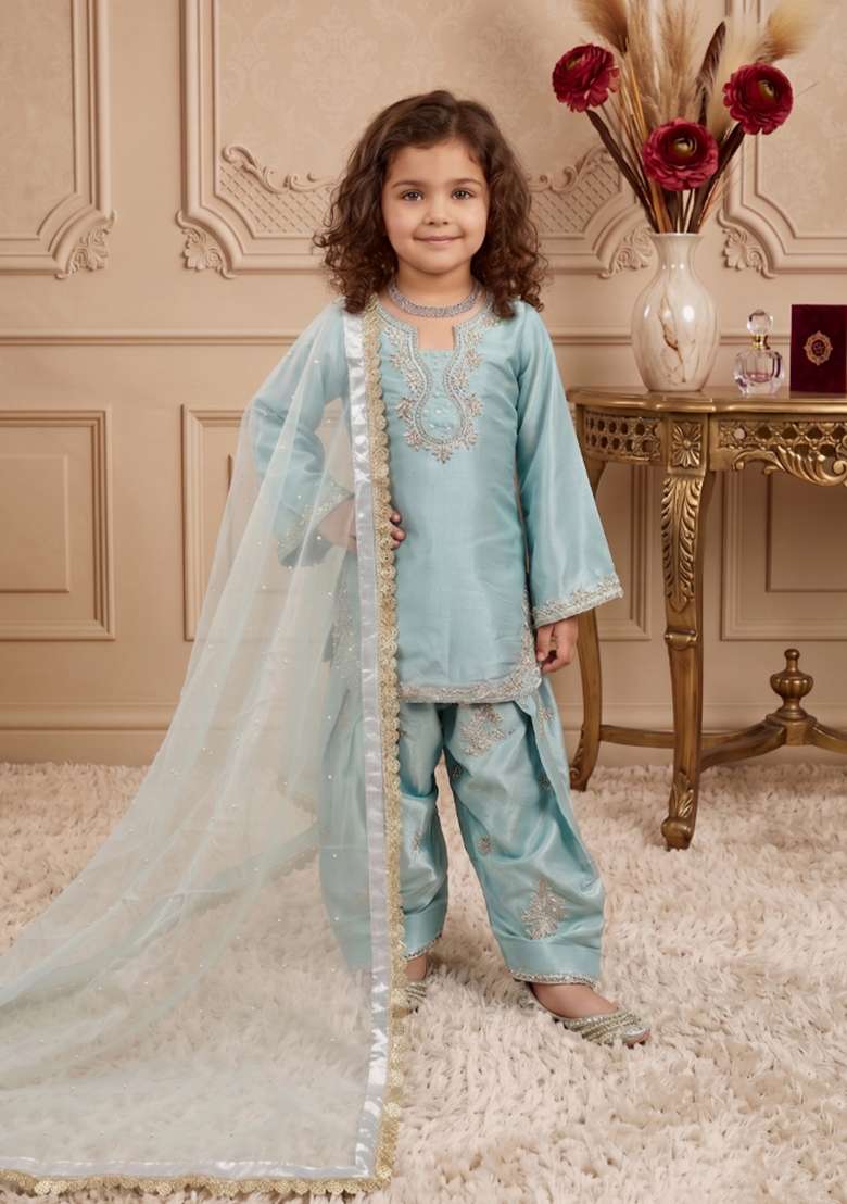 Sky Blue Embroidered Silk Salwar Suits For Girls - Indya