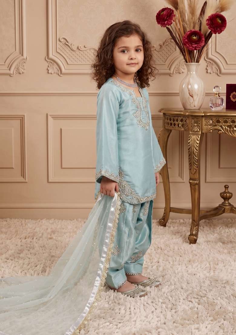 Sky Blue Embroidered Silk Salwar Suits For Girls - Indya