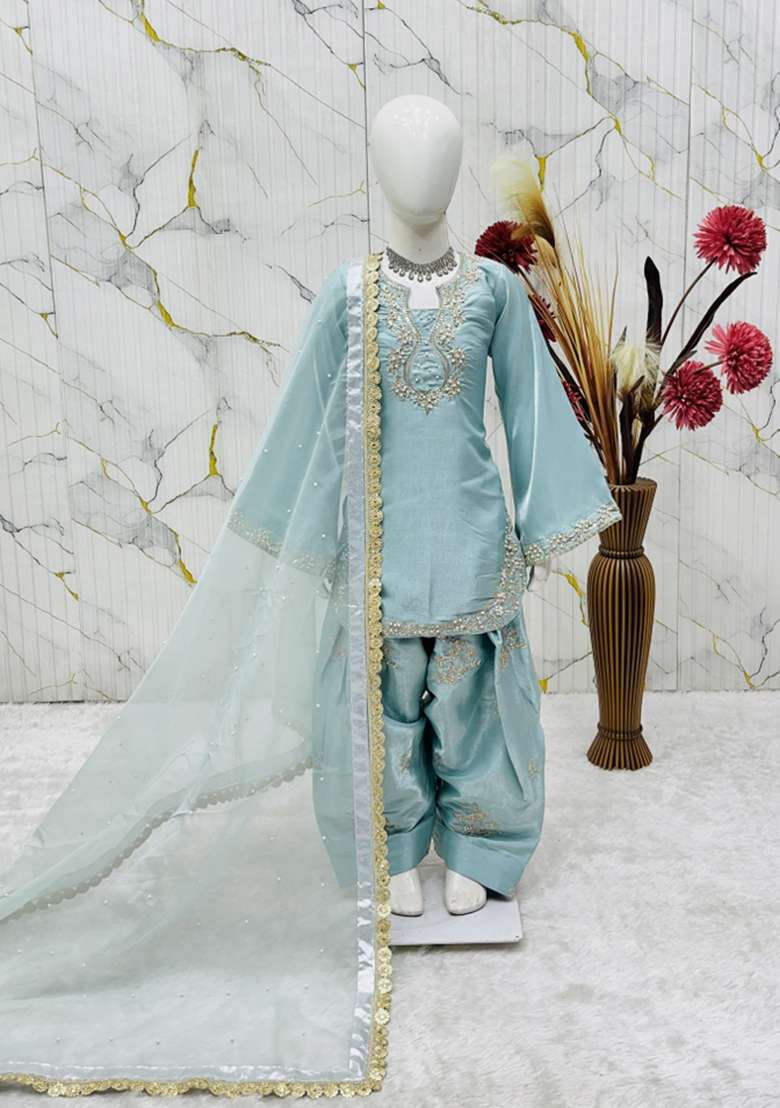 Sky Blue Embroidered Silk Salwar Suits For Girls - Indya