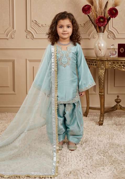 Sky Blue Embroidered Silk Salwar Suits For Girls