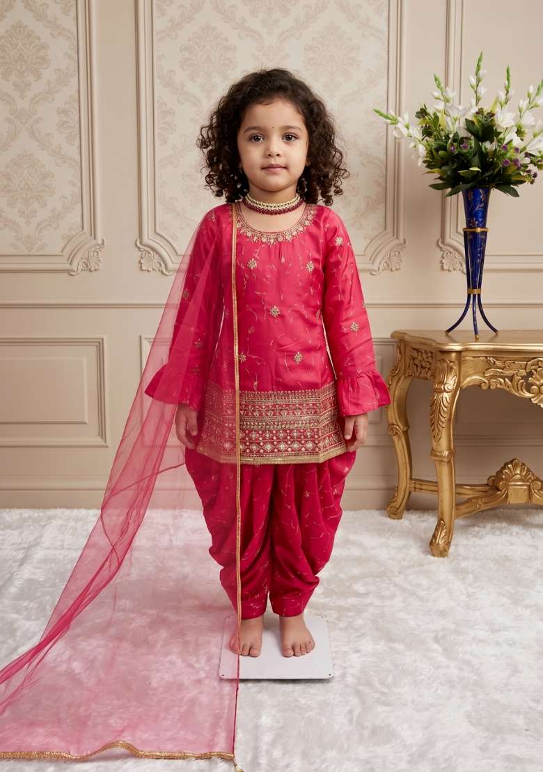 Pink Embroidered Silk Salwar Suits For Girls - Indya