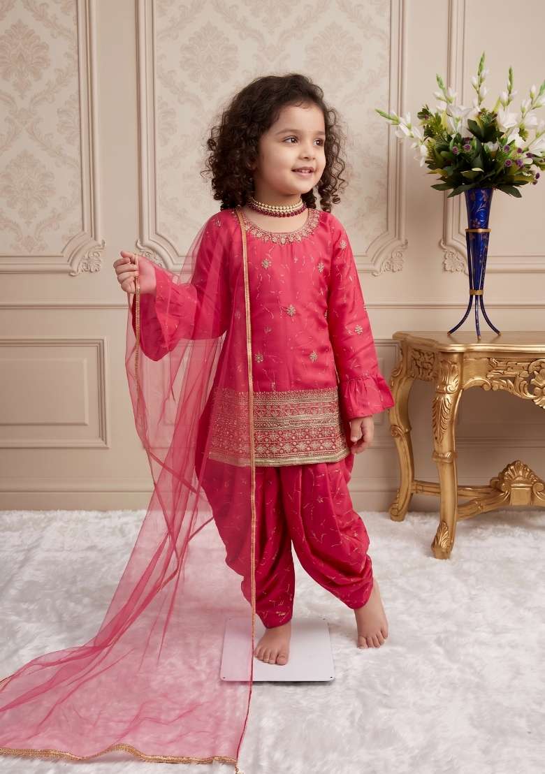Pink Embroidered Silk Salwar Suits For Girls - Indya