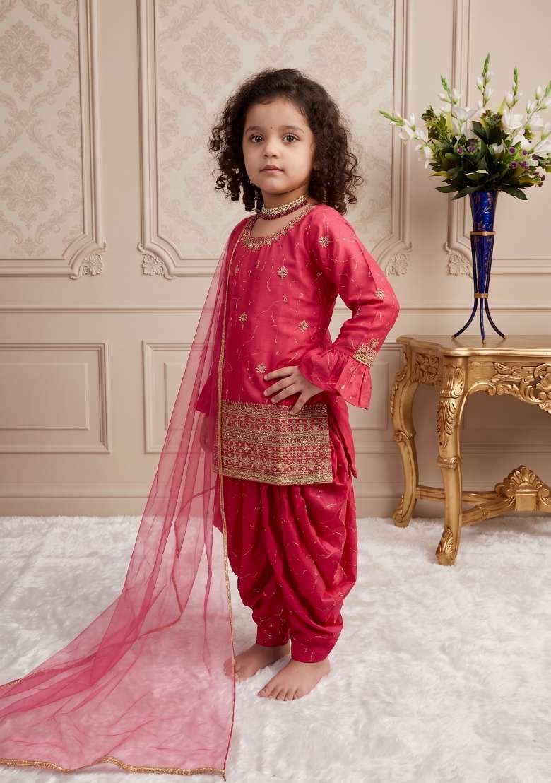 Pink Embroidered Silk Salwar Suits For Girls - Indya