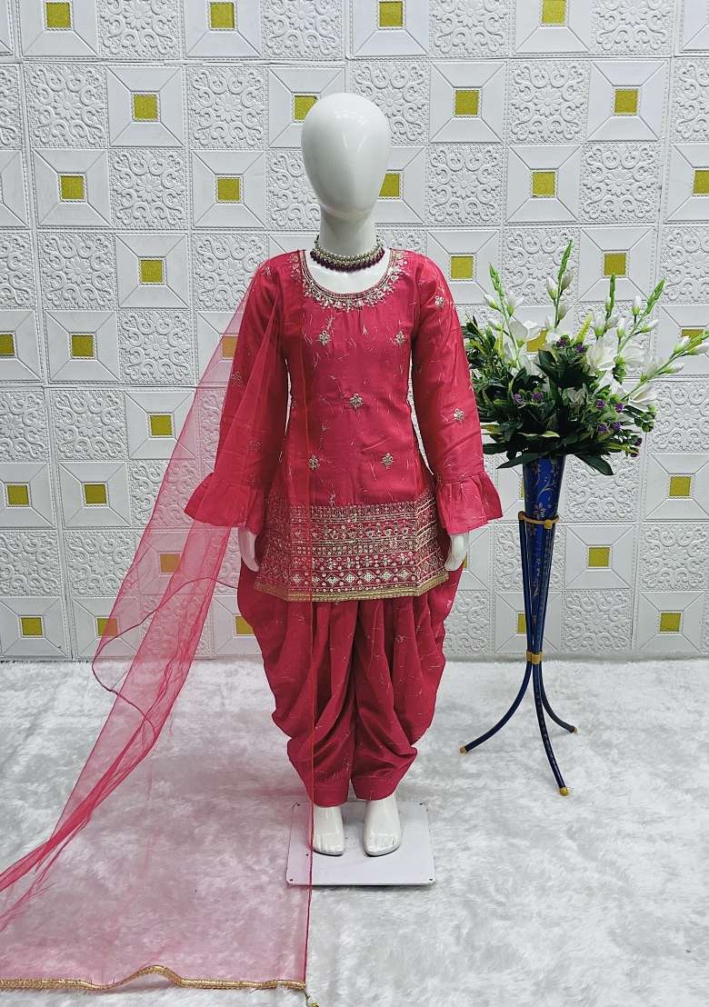Pink Embroidered Silk Salwar Suits For Girls - Indya