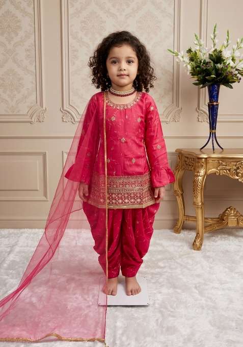 Pink Embroidered Silk Salwar Suits For Girls