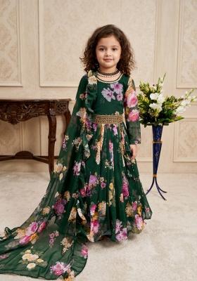 Green Printed Georgette Gown With Dupatta For Girls