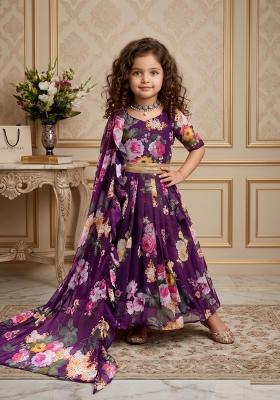 Wine Printed Georgette Gown With Dupatta For Girls