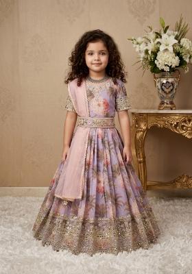 Lavender Embroidered Georgette Gown With Dupatta For Girls