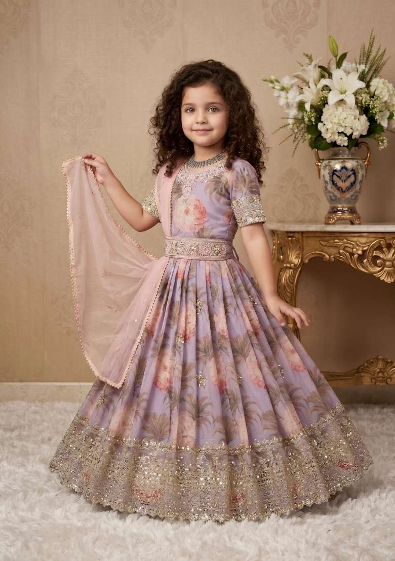 Lavender Embroidered Georgette Gown With Dupatta For Girls - Indya