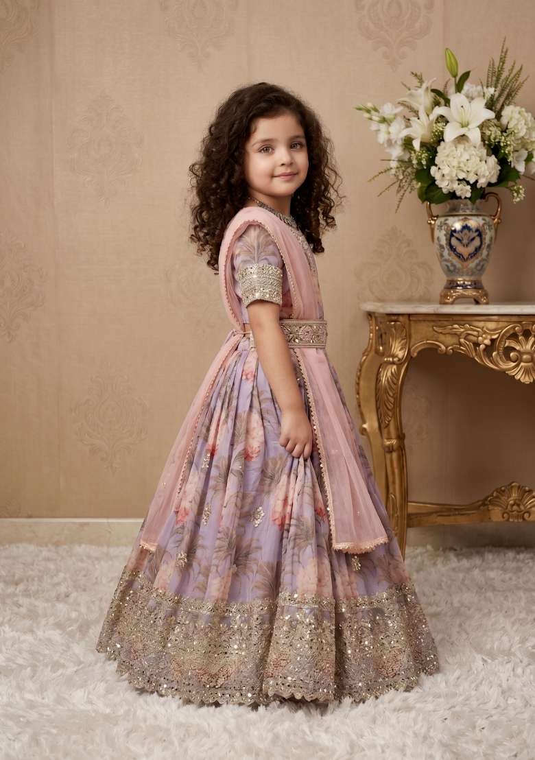 Lavender Embroidered Georgette Gown With Dupatta For Girls - Indya