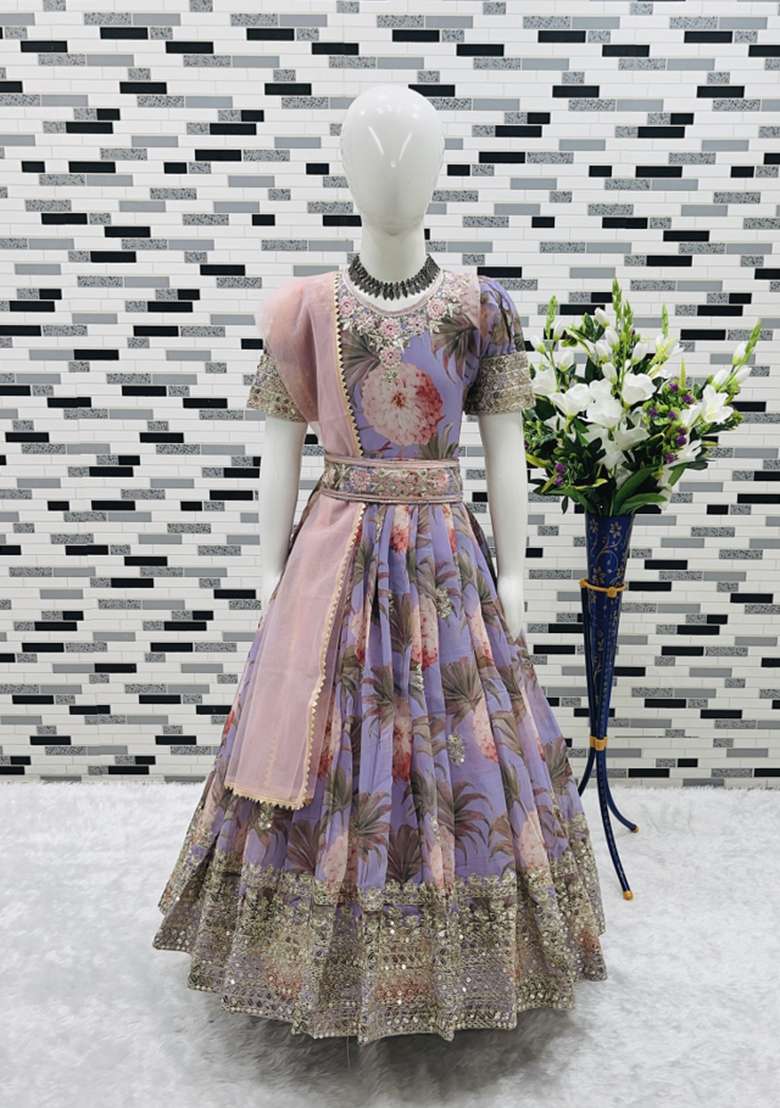 Lavender Embroidered Georgette Gown With Dupatta For Girls - Indya