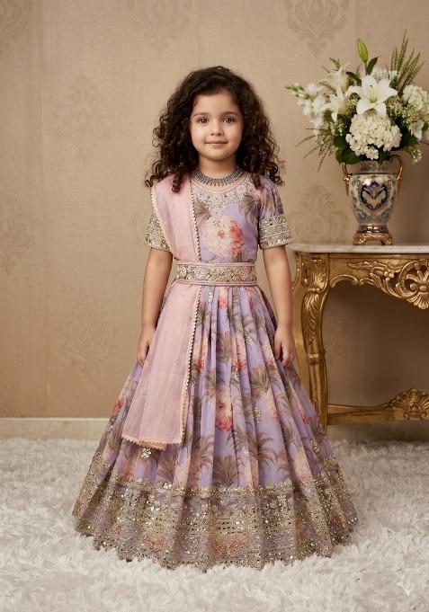 Lavender Embroidered Georgette Gown With Dupatta For Girls