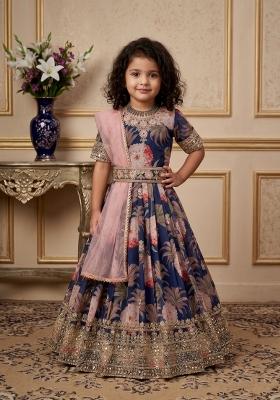 Navy Blue Embroidered Georgette Gown With Dupatta For Girls