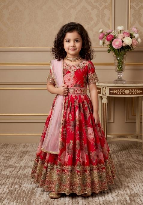 Red Embroidered Georgette Gown With Dupatta For Girls
