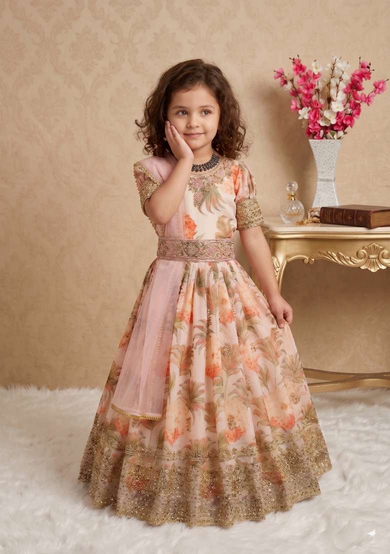 Multicolor Embroidered Georgette Gown With Dupatta For Girls - Indya