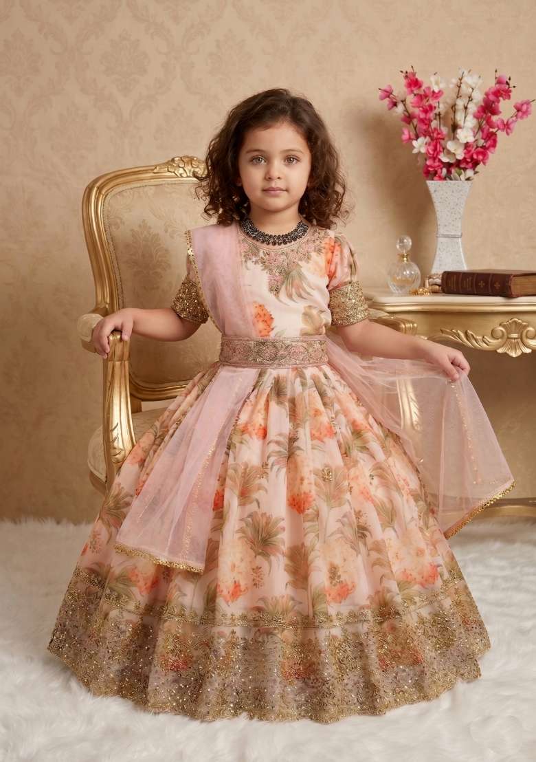 Multicolor Embroidered Georgette Gown With Dupatta For Girls - Indya