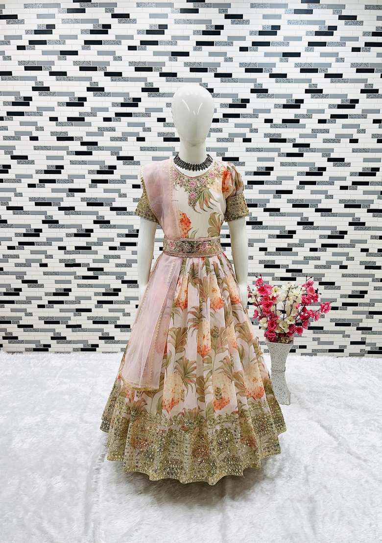 Multicolor Embroidered Georgette Gown With Dupatta For Girls - Indya