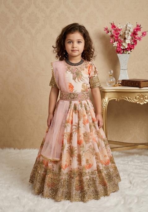 Multicolor Embroidered Georgette Gown With Dupatta For Girls