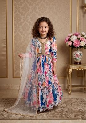 Multicolor Printed Georgette Gown With Dupatta For Girls