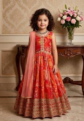 Red Embroidered Georgette Gown With Dupatta For Girls