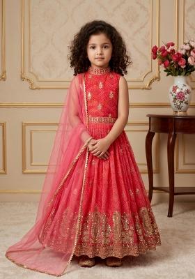 Red Embroidered Georgette Gown With Dupatta For Girls