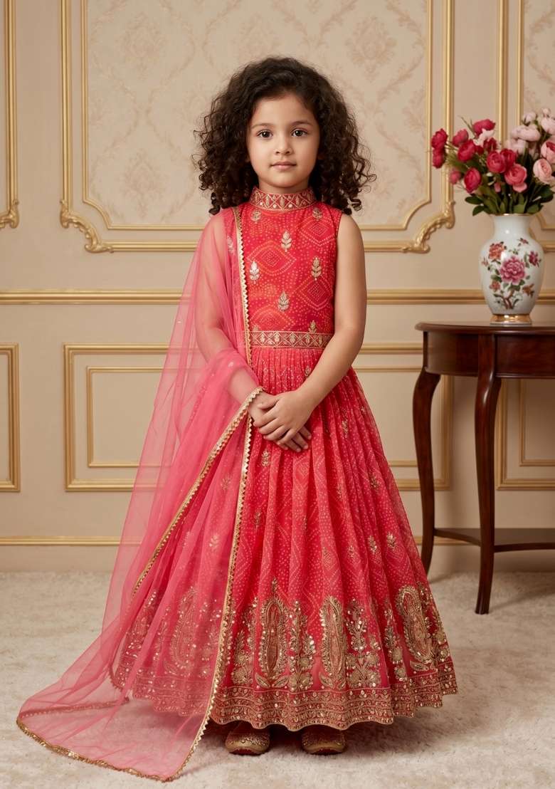 Red Embroidered Georgette Gown With Dupatta For Girls - Indya