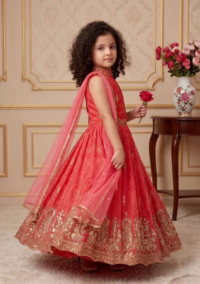 Red Embroidered Georgette Gown With Dupatta For Girls - Indya