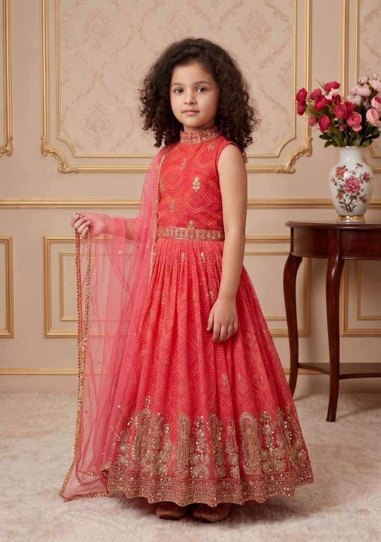 Red Embroidered Georgette Gown With Dupatta For Girls - Indya