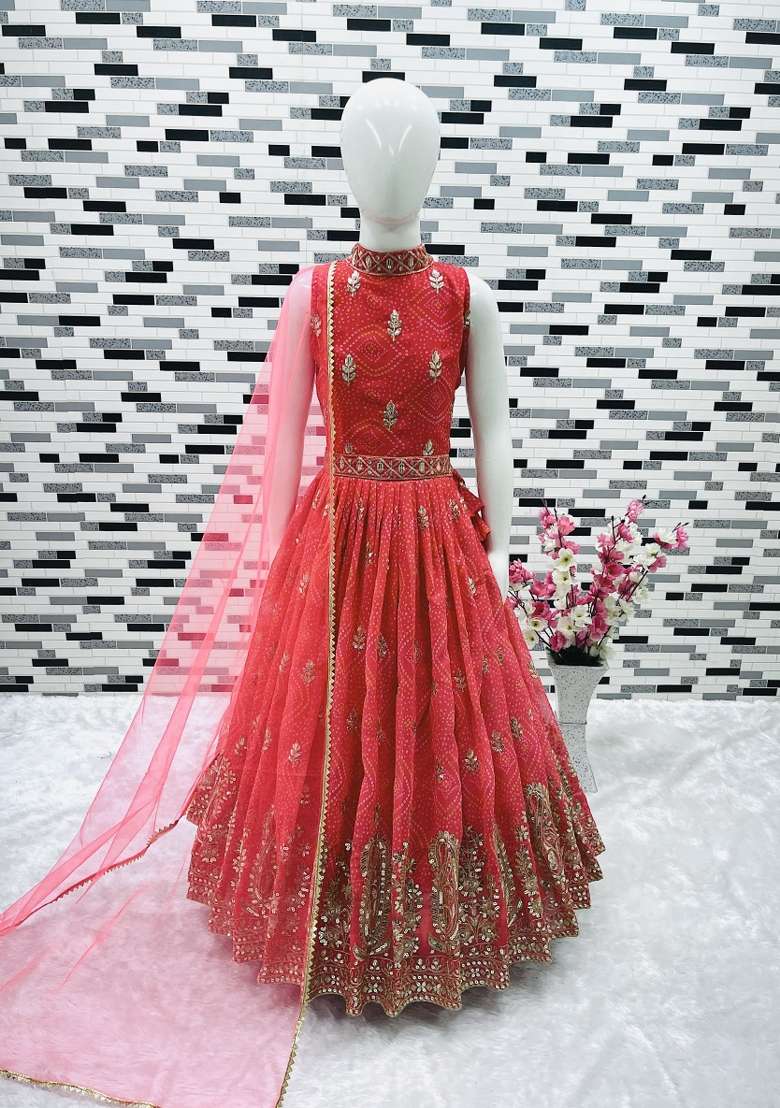 Red Embroidered Georgette Gown With Dupatta For Girls - Indya