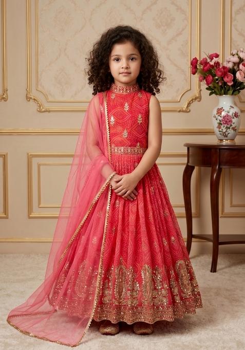 Red Embroidered Georgette Gown With Dupatta For Girls