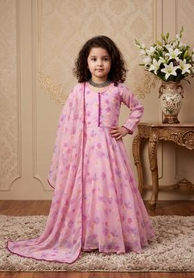 Pink Printed Georgette Gown With Dupatta For Girls