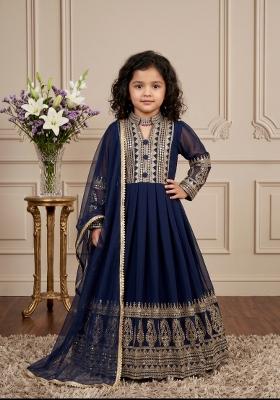 Navy Blue Embroidered Georgette Gown With Dupatta For Girls