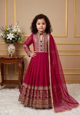 Dark Pink Embroidered Georgette Gown With Dupatta For Girls