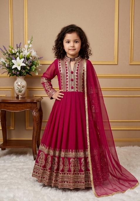 Dark Pink Embroidered Georgette Gown With Dupatta For Girls