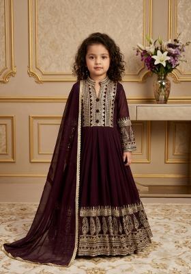 Wine Embroidered Georgette Gown With Dupatta For Girls