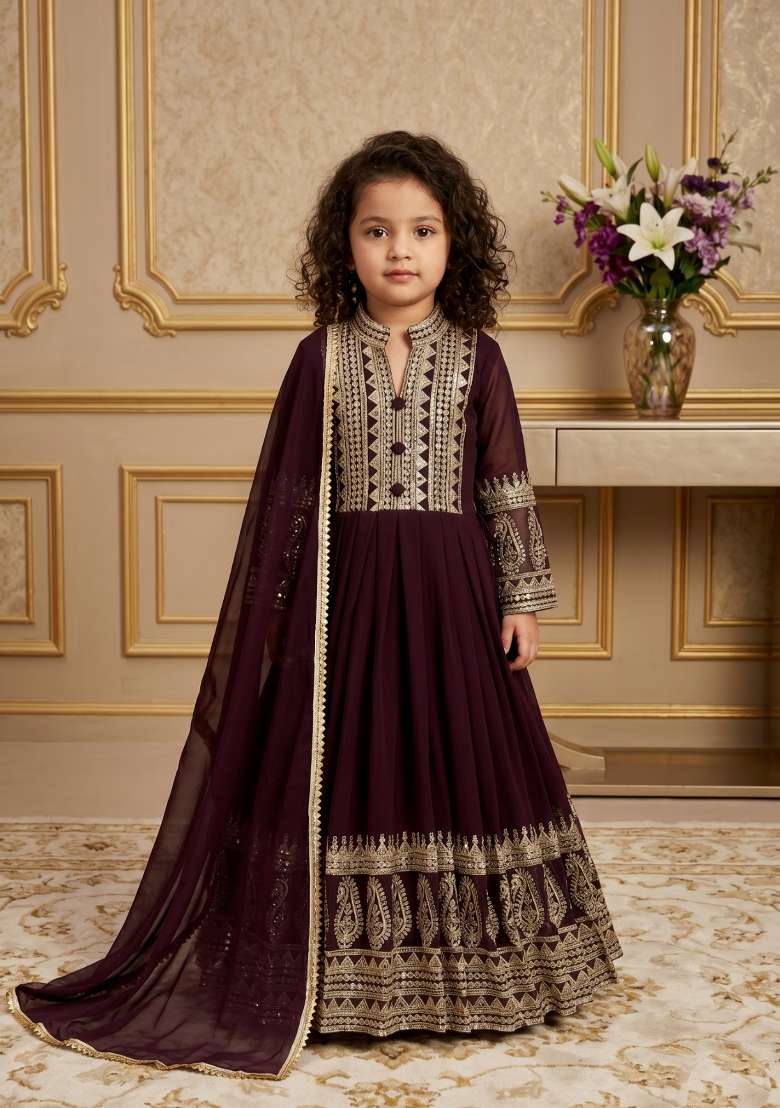 Wine Embroidered Georgette Gown With Dupatta For Girls - Indya