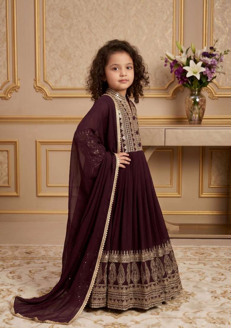 Wine Embroidered Georgette Gown With Dupatta For Girls - Indya